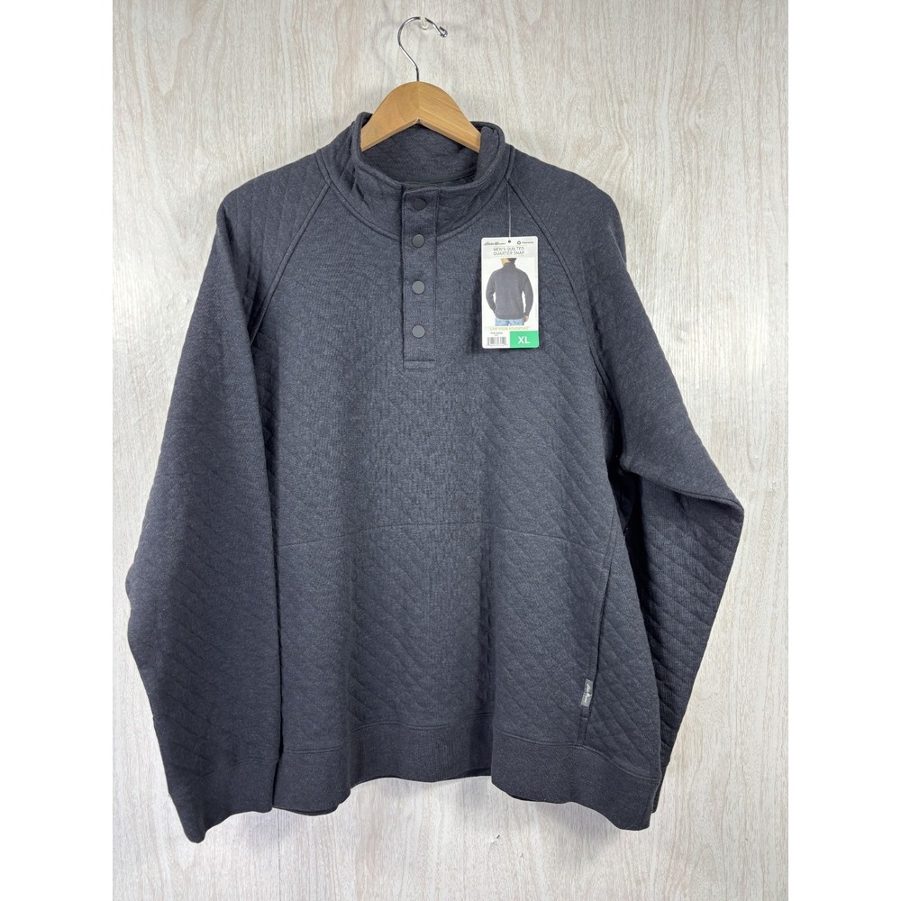 Eddie Bauer Mens XL Quilted Quarter Snap Pullover Dark Gray Cotton Blend NWT